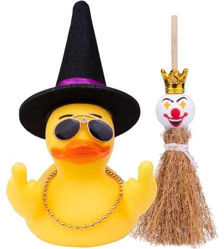 Mwmoeen Canard d'Halloween en caoutchouc - Décoration de tableau de bord de voiture - Décoration de Pâques - Avec chapeau de sorcière - Lunettes de soleil - Mini balai - Cadeau de décoration