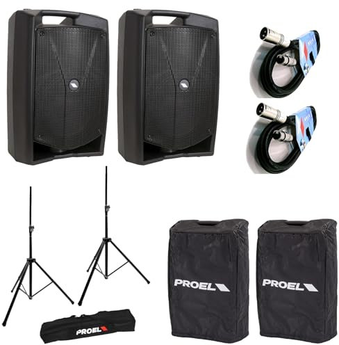 Proel V15PLUS Coppia di Diffusori 600W + Coperture COVERV15 + 2 Stativi FRE300KIT + 2 Cavi Audio BULK250LU10, Nero