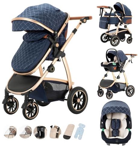 Kakbgee 3-in-1 Kinderwagen, Buggy mit Babyschale, Höhenverstellbarem Griff | Kombi-Kinderwagen mit Moskitonetz, Regenschutz, Aluminium-Rahmen mit hohem Sitz für Neugeborene 0-4 Jahre, 22KG, Blau