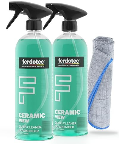 FERDOTEC Ceramic View - Limpiador de cristales para coche (2 x 750 ml) – Juego 2 en 1 para el cuidado del coche, paño de microfibra y limpiacristales, incluye sellador – para parabrisas de coche sin