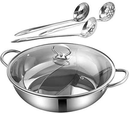 OFFSCH Stainless Steel Two-Flavor Hot Pot Set 32cm with Spoon and Colander, Double Section Chinese Style Cookware for Home Cooking and Induction Stove Use