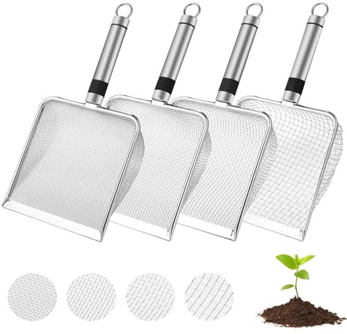4 tamices de tierra para jardinería, jardín, tamiz de arena, pala con asa, tamiz de jardín, tamiz de compost, tamiz para roca sucia (malla de 2/2.8/3.8/5 mm)