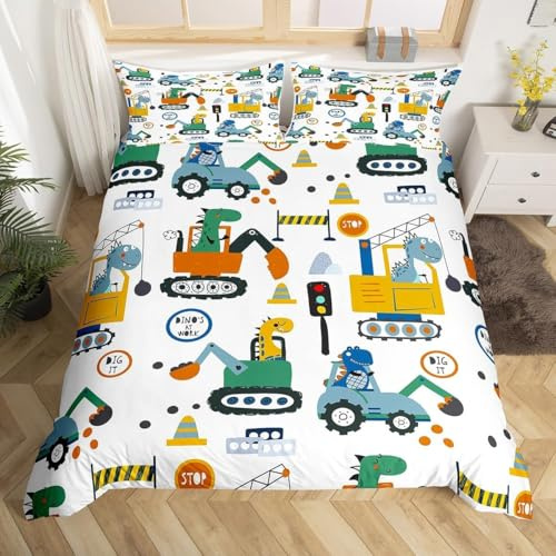 Homewish Housse de Couette Enfant 220x240 Excavatrice de Dessin Animé, Parure de Lit Enfant Ado Garçon Dinosaure Mignon, Sets de Housses de Couettes Réversible Équipement Camion, Couvre Lit Dinos
