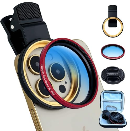 YADSUX Kit de filtre polarisant circulaire à clipser de 52 mm, accessoire d'appareil photo pour iPhone, compatible avec iPhone 12-16 Pro/Pro Max (filtre rouge)