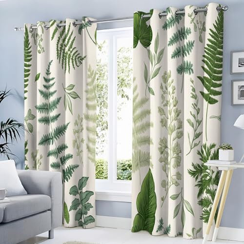GDJSMIN Blackout Thermal Curtains Eyelet, Ferns Leaves Curtains For Living Room Window,Sage Green, W 52 X L 84, 2 Panels