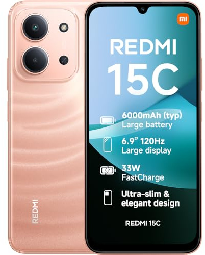 XIAOMI Redmi 15C, Smartphone 4+256GB, Pantalla de 6.99 Pulgadas, 120 Hz, diseño de 7.99 mm, MediaTek Helio G81-Ultra Octa-Core, cámara Dual AI de 50 MP, 6000 mAh, Naranja crepúsculo, Cargador no