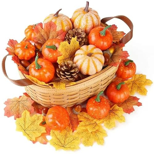 Partyzeit 70 Stück Thanksgiving Dekoration Set,Künstliche Ahornblätter, Tannenzapfen, Eicheln, Kürbis, Herbstdeko Set für Thanksgiving Halloween Innen Tisch Dekoration