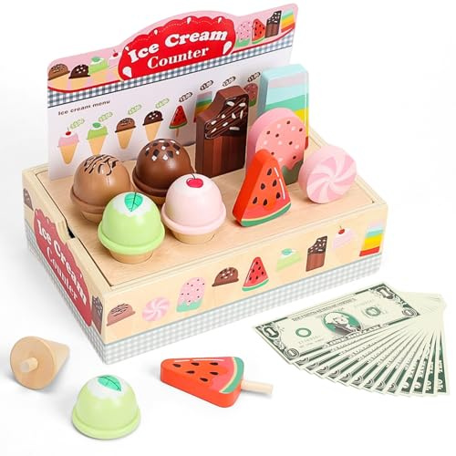 Ice Cream Shop Toys For Kids, Role Play Toys For 3 4 5 6 7 Year Old Girls & Boys, Wooden Ice Cream Set, Kids Ice Cream Play Set, Toddler Pretend Play Kitchen & Food Toys Accessories for Children