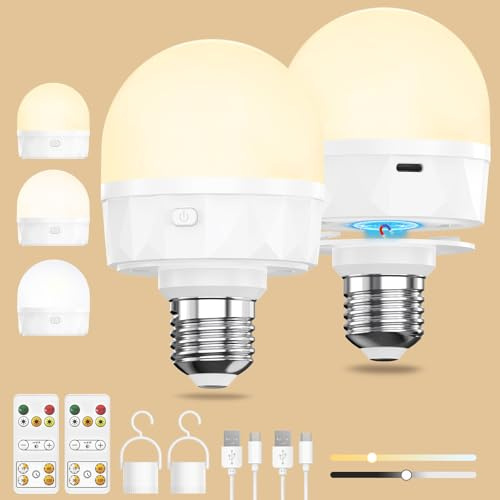 Ylatoial E27 Aufladbare Glühbirne mit Fernbedienung USB C Led Lampe Akku | mit 2200mAh Batterie & Magnet Haken, 3 Farben Dimmbar Timer für Outdoor Licht Camping Hängelampe Notlicht-2 Stück
