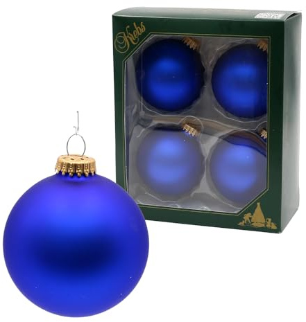 Dekohelden24 Lauschaer Christbaumschmuck - Baumkugeln blau, Tannenbaumkugeln, 4er Set Kugeln Lauscha Uni matt Satin königsblau, 8 cm, mit goldenem Krönchen + 50 Schnellaufhänger in Gold.