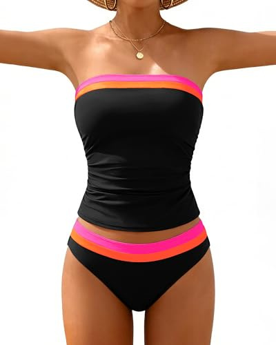 DaiLiWei Women's Tankini Swimsuits Strapless Tummy Control Bathing Suit | Bandeau,Halter Bikini Sets,Two Piece,Ruched,Modest,Full Coverage,Mid Rise,Removable Straps,Built-in Bra,Color Block,Beach