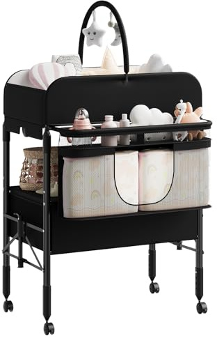 Cambiador Bebé Plegable con 2 Cajones, Altura Ajustable y Colchón Impermeable, Mueble Cambiador de Pañales Portátil con 4 Ruedas, Barra Colgante y Organizador de Guardería Salvaspazio, Negro