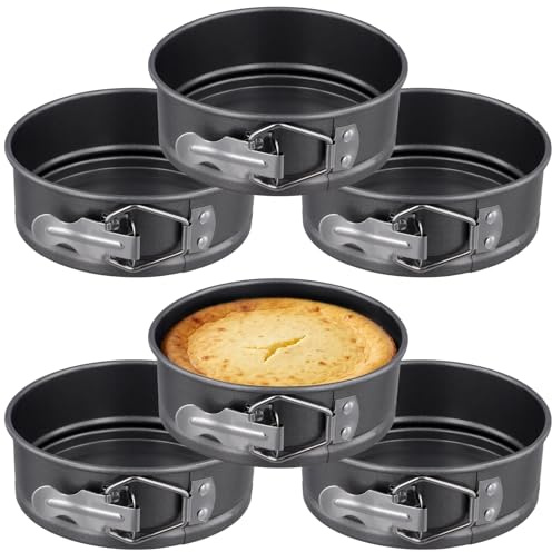 HONYUET Set di 6 pirottini apribili piccoli, 12 cm, rotondi, antiaderenti, in acciaio al carbonio nero, con fondo piatto, piccoli stampi per torte di formaggio e dessert
