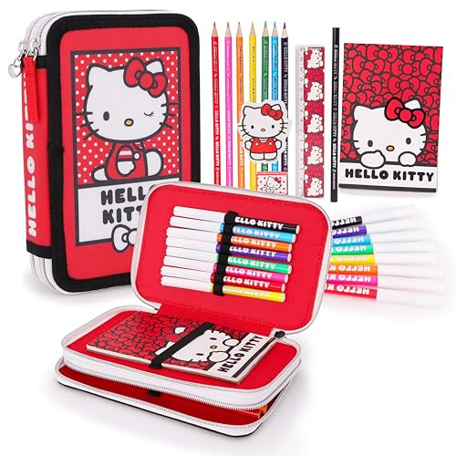 Toyland®Hello Kitty Estuche de Dos Niveles con Cremallera - Incluye: Cuaderno, 7 lápices de Colores, 8 marcadores, lápiz, Regla, Goma de borrar y sacapuntas - Material Escolar para niños