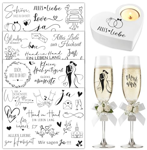DOORIO 4 Blatt Rub On Sticker Hochzeit Transferaufkleber Folie Rub On Aufkleber für Hochzeit Geschenk Hochzeitsdeko DIY Handwerk