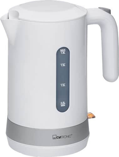 Clatronic Wasserkocher 1,8L mit verdecktem Edelstahlheizelement | Kettle mit herausnehmbarem Kalkfilter & verriegelbaren Deckel | Einhandbedienung | 2200W | Wasserkocher weiß | WK 3452 silber-weiss