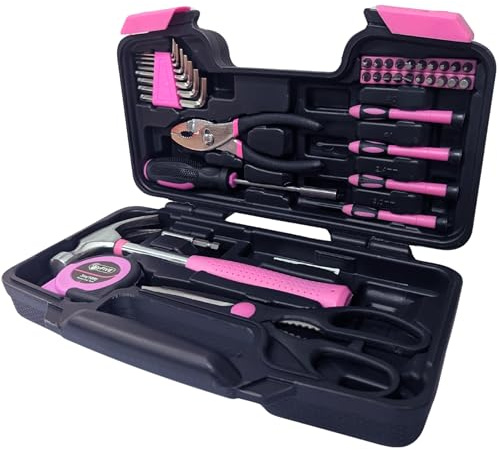 Pinkes DIY-Werkzeugset in der Tragetasche – Hammer, Zange, Schraubendreher – 38 Stück