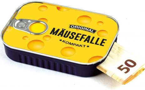 Geldgeschenke Verpackung Sardinendose MÄUSEFALLE Geld Geschenkverpackung für Geburtstag, Konfirmation, Jugendweihe, Umzug | inkl Aufkleber für individuelle Botschaft | made by Scherzboutique