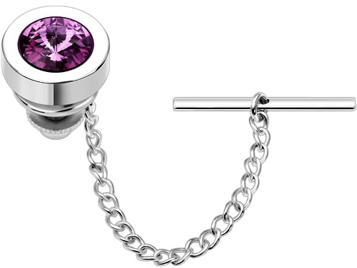 HAWSON Mens Tie Tack With Chain, Purple Crystal Tie Pin for Wedding Business Formal Dress (202463)