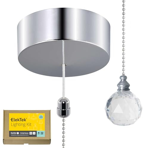 ElekTek UK Safety Approved Chrome Bathroom Light Pull Switch Kit, Acrylic Crystal Ball Fob Handle & Extension Chain, EN 60669-1 & CE Mark, Earth Terminal, 6A 250V, 1 or 2 Way, Full Wiring Instructions