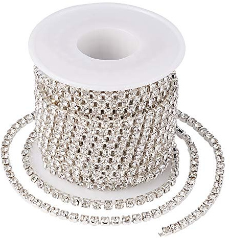 Craftdady 9,1 m mässingskedjor, 3,5 mm, klar kristalldekoration, klokedja för sömnad, fransar, diamantsmyckestillverkning, silverfärgad undersida