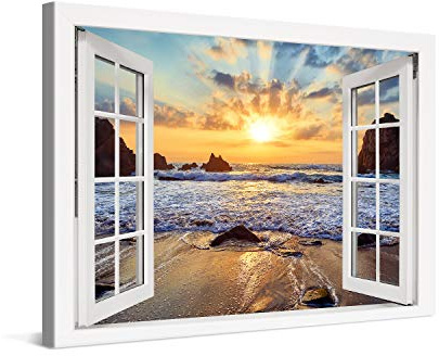PICANOVA – Stampa Su Tela Tramonto Sulla Spiaggia Rocciosa Finestra 120x80cm – Quadro su Tela Moderno Incorniciato con Spessore di 2cm – Foto Decorazione da Parete Come Dipinto – Collezione Spiagge