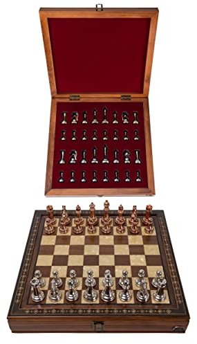Helena Wood Art, Handgefertigtes Holz Schachbrett mit Aufbewahrungssystem, Schachfiguren aus Metall, Deluxe Edition, Schachspiel, Schachset, 40 x 40 cm