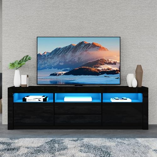 Senvoziii 160cm TV Cabinet, Black Gloss TV Stand Unit with Led Lights | Modern TV Stand Storage with 2 Drawers 2 Doors 3 Open Cases, TV Entertainment Unit for Living Room Bedroom, 160x35x60cm