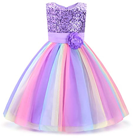 Uhnice Little Girl's Sequin Sleeveless Mesh Rainbow Dress for Wedding Party (5 Years, Purple)