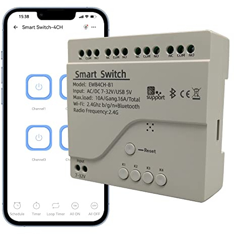 Jane Eyre Commutateur sans fil eWelink 4 canaux avec boîtier, module de commutateur de relais WiFi Télécommande DIY Smart Home Relais Bluetooth AC / DC7-32V pour Alexa Google Home