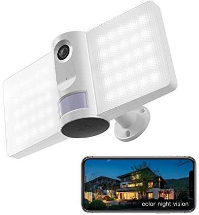 LAXIHUB 1080P Telecamera Wi-Fi Esterno, Videocamera Sorveglianza Esterno con Proiettore, Visione Notturna, IP65, Allarme Sirena, PIR Rilevamento Movimento, Audio Bidirezionale, Compatibile con Alexa