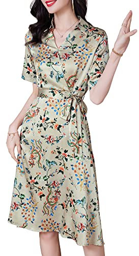 Valin Beige Seide Damen Kleid Kurzarm Bindegürtel Elegant Seidenkleid V-Ausschnitt Au genou Freizeitkleid Blumen A-Linie Sommerkleid,46,V23013