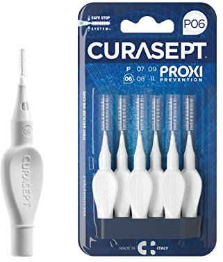 CURASEPT Scovolini Dentali Originali | Spazzolini interdentali Proxi P06 (filo 0,6 mm) | Bianco | Pulizia Profonda della Placca | Setole Nylon Ultra-flesse, Manico Ergonomico | 6 pz x confezione