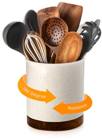 Nucookery 360° drehbarer Utensilienhalter, 18,3 cm großer Utensilientopf, Keramik-Kochutensilien-Organizer mit Arbeitsplattenschutz, Korkboden für Bauernhaus, Küche, Dekoration, Weihnachten, | 360° großer Kochutensilien-Topf für Küchentheke, Organizer, Holzsockel, rutschfest, Bauernhaus-Dekoration, Weihnachtsgeschenk