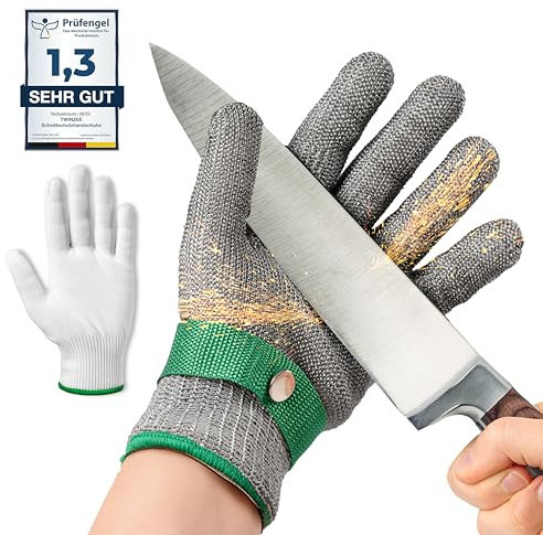 Twinzee Guanti Antitaglio Cucina ad Alta Tecnologia (Livello F/A9) Massima Protezione e Flessibilità - Guanto Antitaglio Cucina in Acciaio Inox - Taglia S