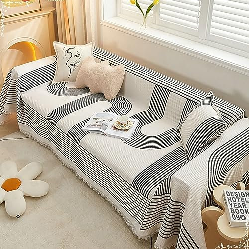Homxi Sofa Überzug Zweisitzer,180x260CM,Sofahusse Streifenmuster mit Quasten Überwürfe für Sofa Leinen Baumwolle Handtuch Sofa Schwarz Weiß Sofahusse Universel