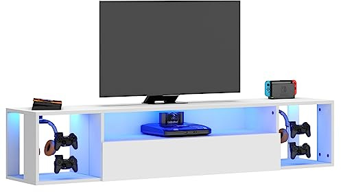 DlandHome - Mueble de TV flotante con luces LED, 140 cm, soporte para TV colgante brillante con almacenamiento estante, banco de TV, pared flotante, consola multimedia con ganchos para mandos y gancho