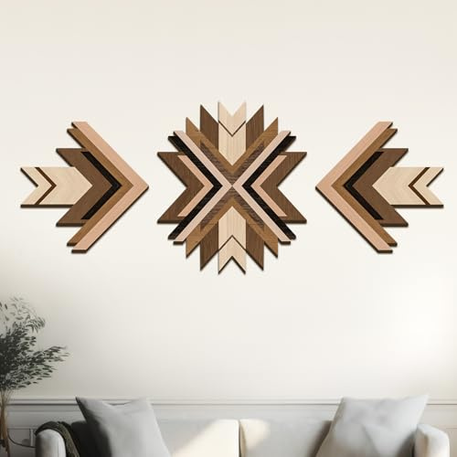 Wenqik Südwest-Wanddekoration, Azteken-Wandkunst, Holzkunst, Bauernhaus, rustikal, Schlafzimmer, Boho, Tribal, modern, geometrisch, Vintage, Wohnzimmer (braun), 3 Stück