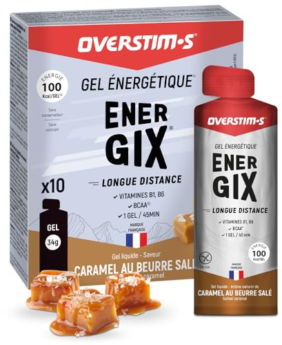 Overstim.s - Gel Energix (10 sachets) - Gel énergétique pour le sport (vélo, course à pied…) - Energie longue durée (Glucose+Fructose+Maltodextrines) - BCAA - 100 kcal/gel - Saveur Caramel Beurre salé
