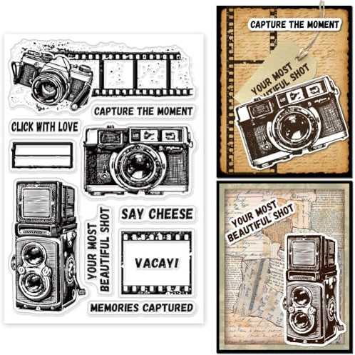 GLOBLELAND Kamera Clear Stamps Fotofilm Clear Stamps Vintage Kamera Fotorahmen Silikonstempel Für DIY Scrapbooking Fotoalbum Dekorative Karten Herstellung 6.3x4.33 Zoll