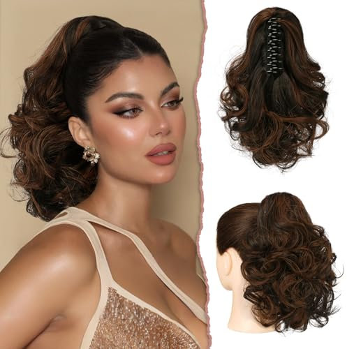 Sofeiyan Artiglio Clip in Coda di Cavallo Estensioni per Capelli 28cm Ricci Ondulati Estensioni Coda di Cavallo Sintetico Posticci per Capelli per Donne,Marrone scuro e marrone caramello