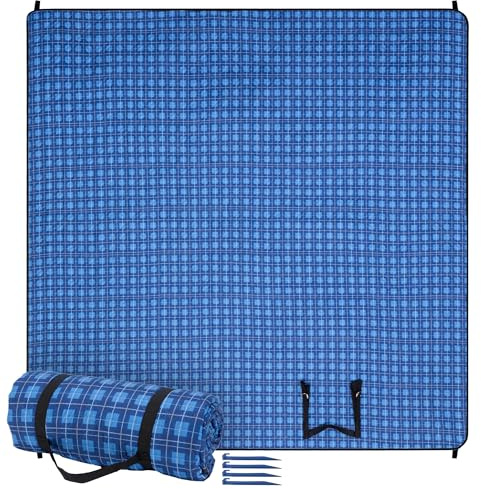 JEMIDI Coperta Picnic Impermeabile 200x200 cm - Tovaglia PIC Nic da Prato - Telo Spiaggia Grande - Coperta da Campeggio Trekking Montagna - Tappeto da Esterno - a Quadri - Blu