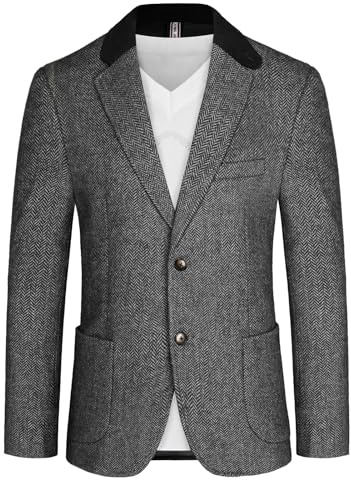 PaulJones Giacca sportiva da uomo, con 2 bottoni, stile retrò, blazer in tweed, vestibilità normale, nero, M