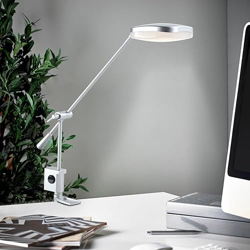 MeLiTec LED Schreibtischleuchte T126 in Chrom-Matt mit Verstellbarem Kopf & Arm, Schlankes Design, Warmweiß, Schraub-Klemmfuß