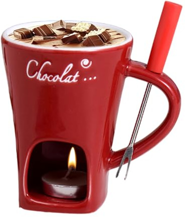 Schokoladenfondue Tasse Keramik Schokofondue Set, Käseschmelzbecher Mit Teelichthalter Und Gabeln, Schokoladen Schmelztopf Käsefonduetopf Teelichtfondue Schmelztiegel Für Süßigkeiten Butter (Rot)