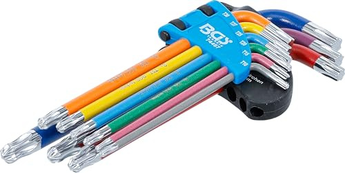 BGS 74467 | Winkelschlüssel-Satz | T-Profil (für Torx) T10 - T50 | 9-tlg. | Kugelkopf am langen Ende | schwenkbar bis 30 Grad | farbcodiert | Chrom-Vanadium-Stahl (S2) | Kunststoff-Klapphalter