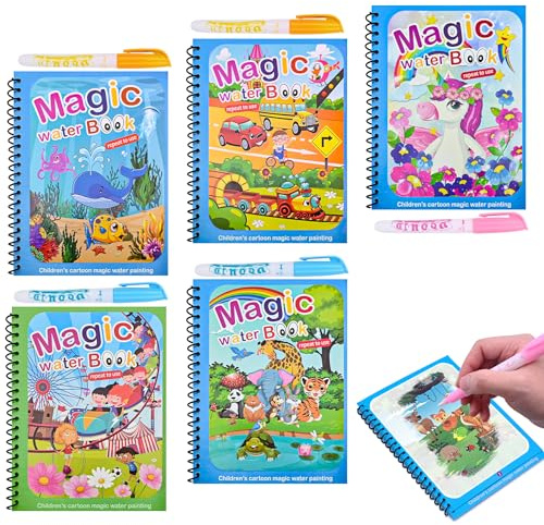 Damcyer 5 Stück Wassermalbuch mit 5 Wasserstifte, Magic Water Colouring Book, Magisches Malbücher Wasser Malbuch für 3 4 5+ Jahre alte Malbuch Wasser Jahren zum Zeichnen, Meeresthema