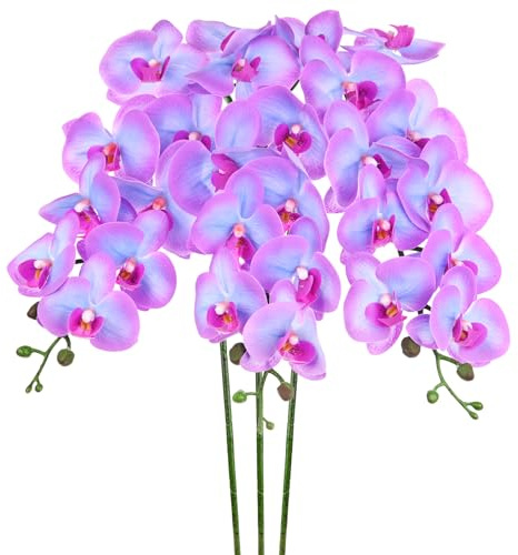M METERXITY 3-Pack Fiori Di Orchidea 9 Grandi Petali 37 Pollici Blu Viola | Per Casa/Natale/Festa/Giardino Ufficio, Finti Mazzi Di Seta Phalaenopsis, Artificiali, Fiori Finti, Tocco Reale