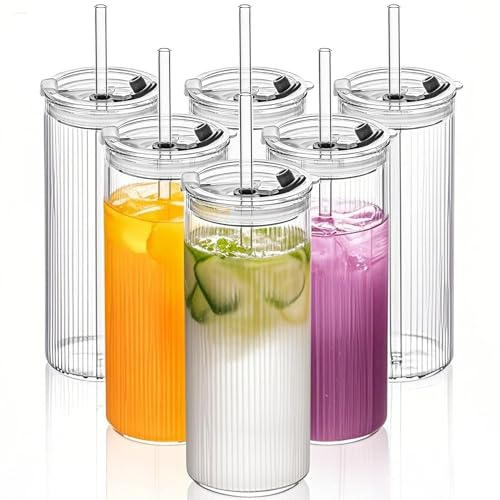 KEMORELA 6 Pack Ribbed Glass Tumblers with Lids & Straws, 530ml Iced Coffee Glasses – Reusable Smoothie Cups, Bubble Tea & Cocktail Glasses, Juice Drinking Glass Set, Dishwasher Safe