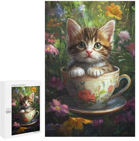 Puzzles for Adults 1000 Pieces - Kitten in A Teacup Animal and Flower Funny Puzzle Educational Games Home Decoration Wooden Jigsaw Puzzles